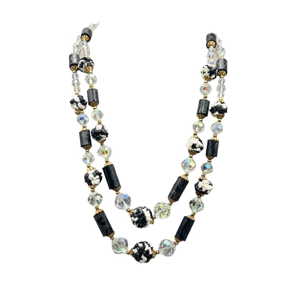 Vintage Double Strand Necklace Layered Clear Black Glass Beads Unusual Component